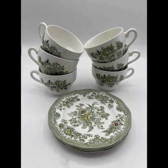 Enoch Wedgwood Tunstall Ltd Kent Green White Tea- Cup Set of 6 & 3 Salad Plates - Picture 3 of 9